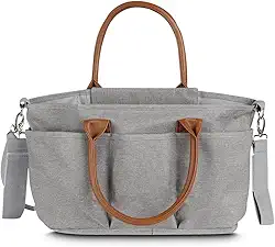 Bolsa maternidade multifuncional em poliéster 300d com detalhes em pu, 5 compartimentos externos, divisórias internas removíveis, compartimento térmico, alças de ombro e mão, engate para carrinho