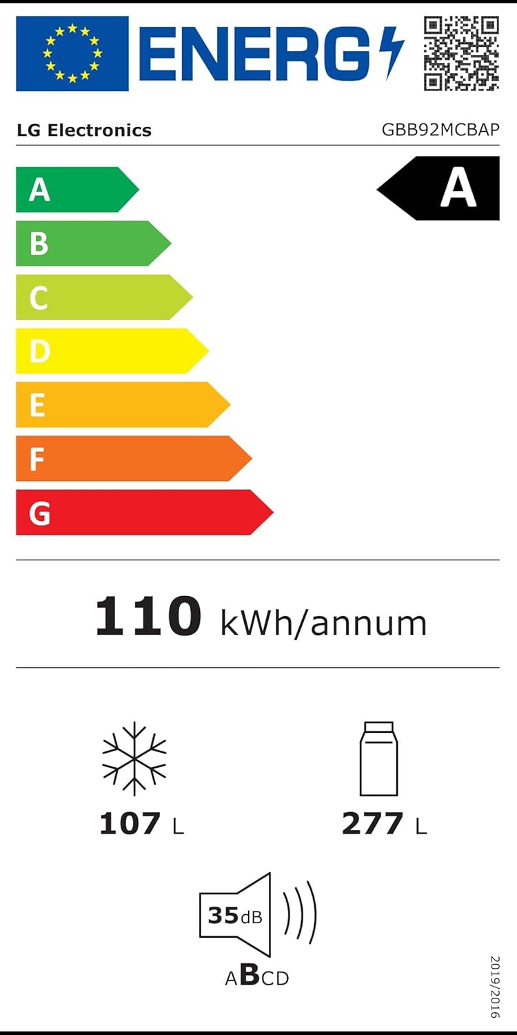 Energy efficiency label for the LG GBB92MCBAP fridge freezer, showing Class A rating and 110 kWh/annum consumption.