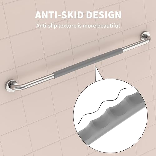 Miniatura 6 de Munzong - Barra de agarre para ducha de 32 pulgadas, 2 unidades, barra de agarre de baño de acero inoxidable cromado con agarre de goma gris