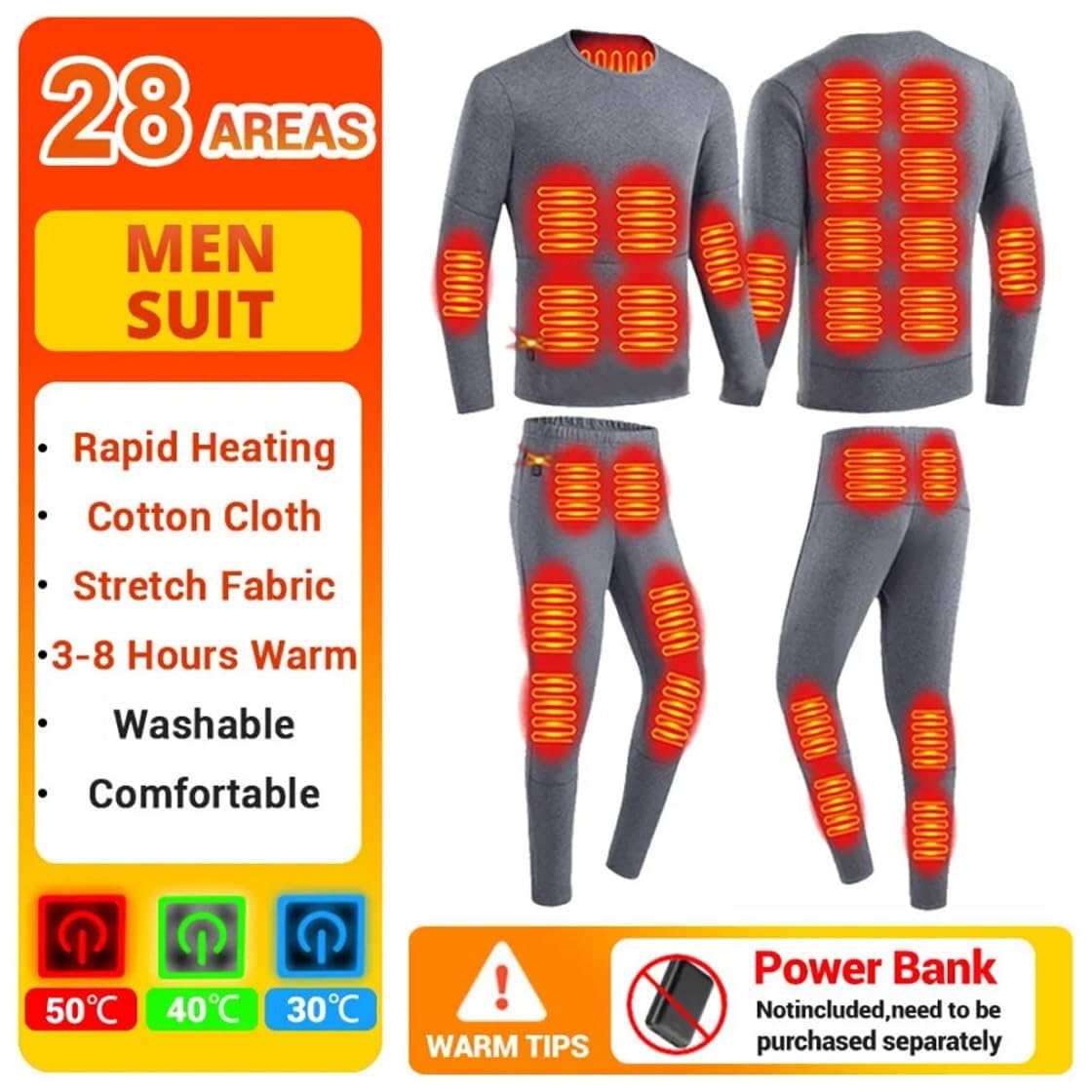Sous-vêtements thermiques chauffants pour homme - 28 zones - USB - Col rond - Couleur unie - Pour moto, chasse, camping