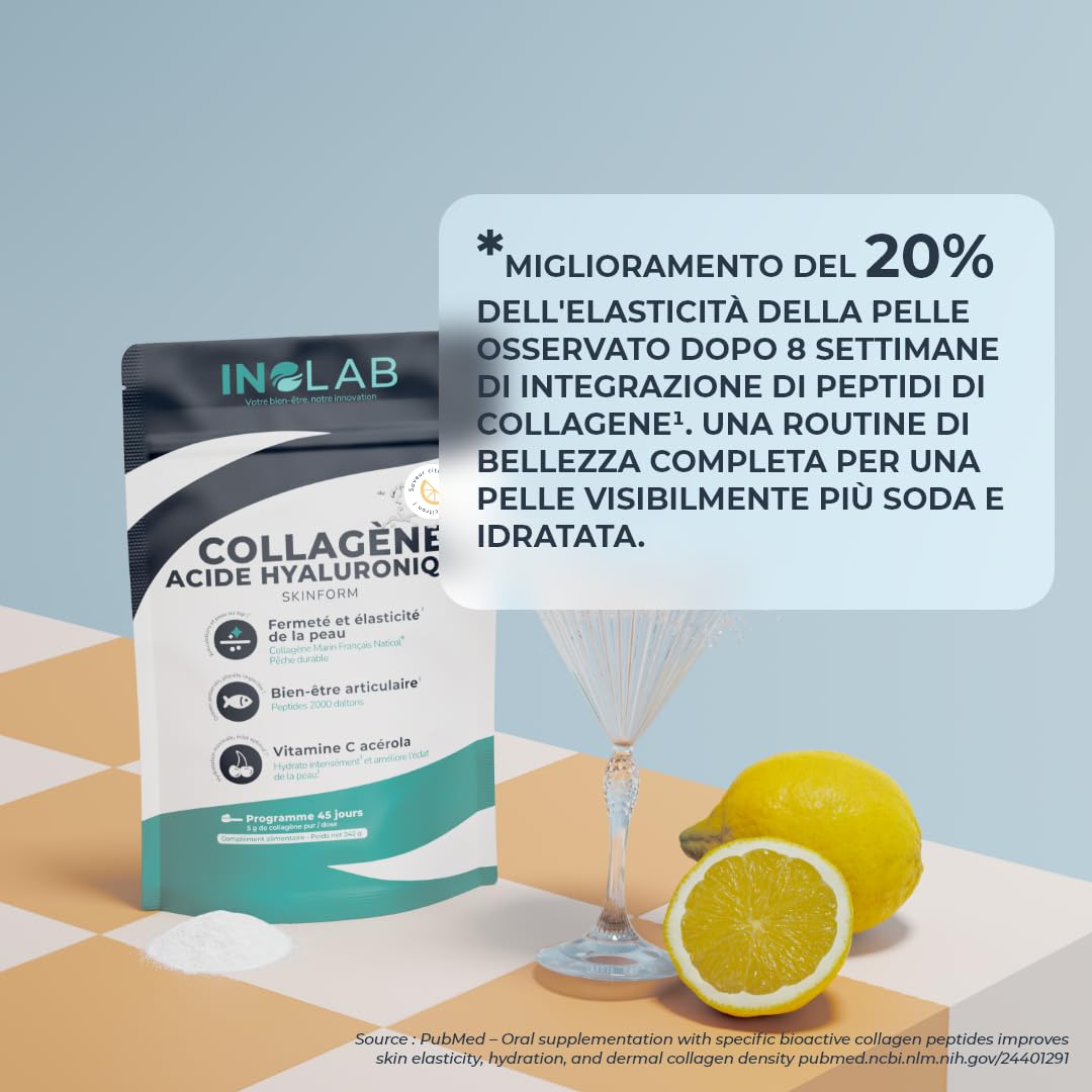 INOLAB collagene marino con acido ialuronico | Peptidi di Collagene idrolizzato 2000 Da | Collagene da bere in Polvere con Vitamina C Naturale | 45 Dosi 242g | Aroma naturale Limone