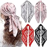 Syhood 4 Pcs 27'' Square Satin Head Scarves Satin Bandanas for Women Headband Scarves Silk Feeling Scarf Boho Headwear(Black, Red, Pink, Gray)