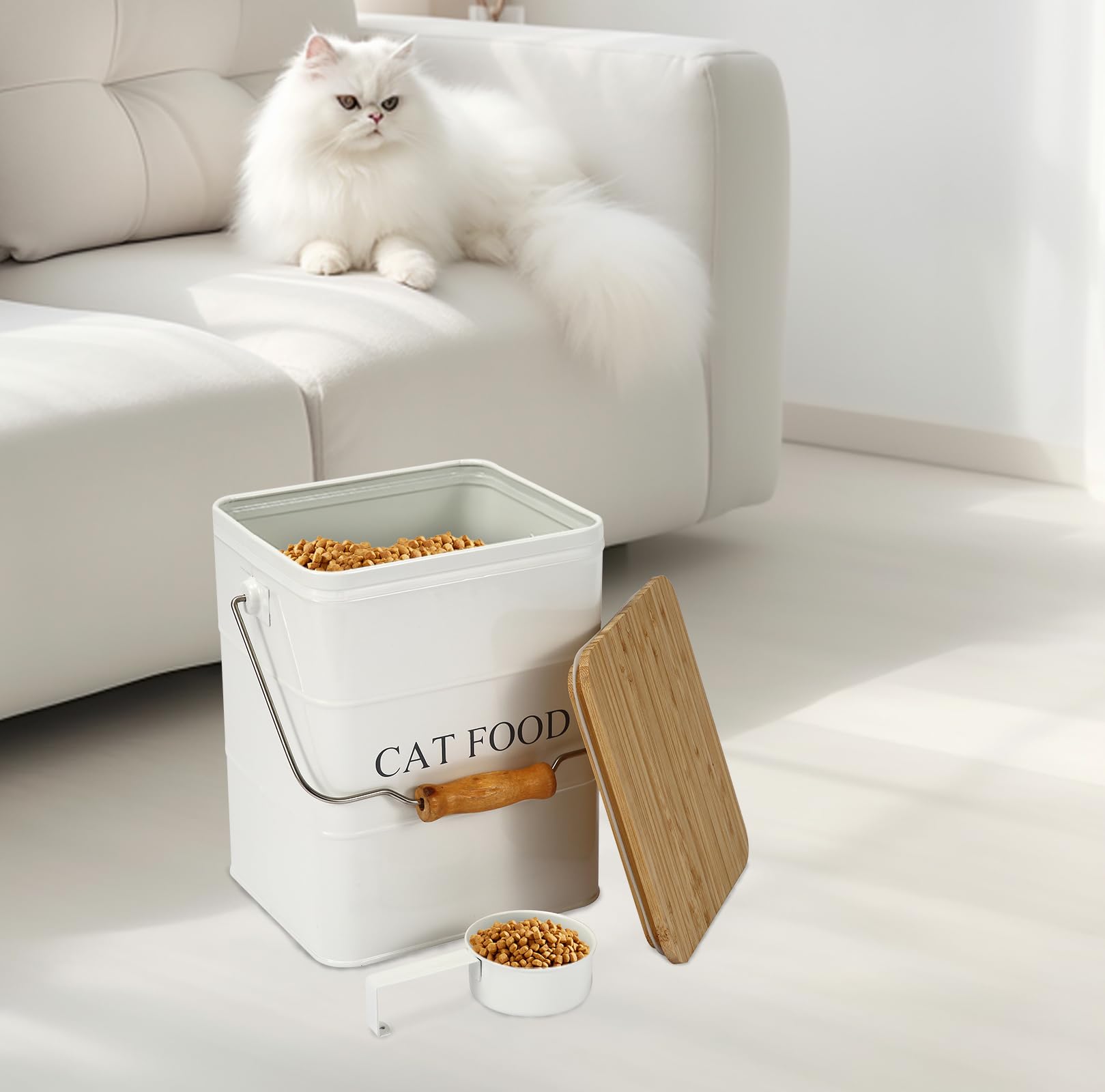 Geyecete Métal Conteneur Croquette Chats-6L Boîtes pour Nourriture et friandises Animaux-Hermétiques Bois Couvercles-Acier Carbone revêtu -Bac Croquette Chat avec Poignée-Blanc
