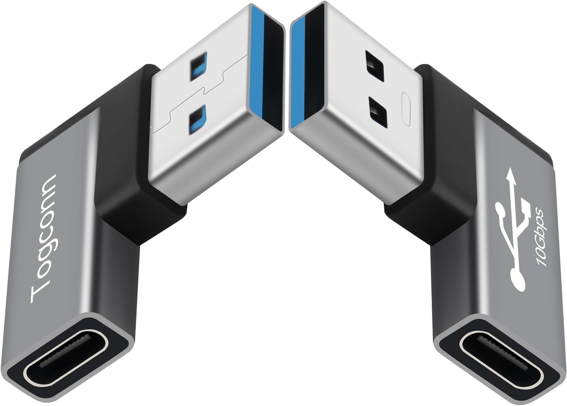 90 Degree USB to USB C Adapter 10Gbps, 2-Pack Right Angle Type-C (Female) to USB-A (Male) Converter Extender Support Charge & Data Transfer Compatible with Computers, Tablet, Laptop