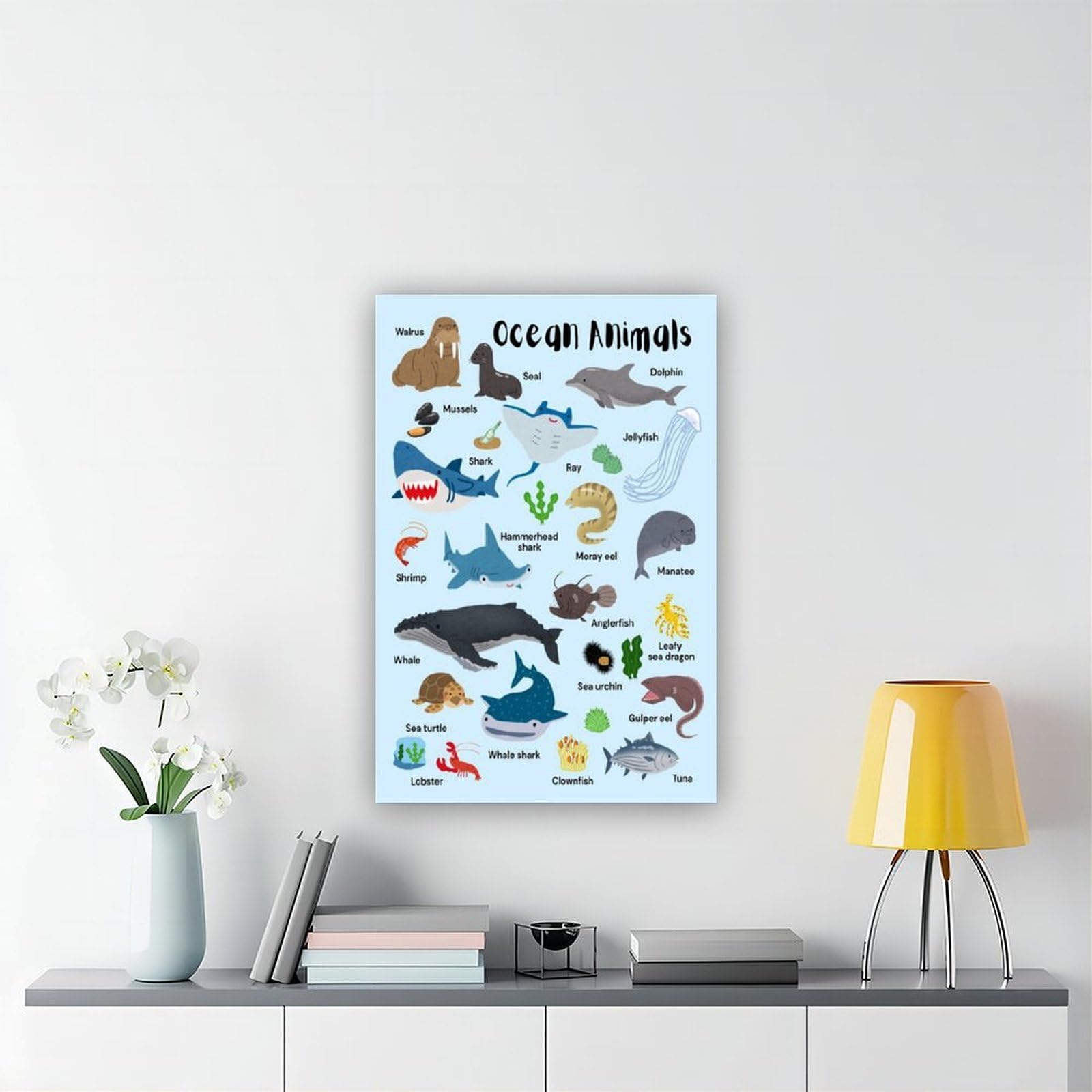 Póster de lienzo con conocimiento de la enciclopedia de animales marinos, decoración de dormitorio, paisaje, oficina, habitación, regalo, 40 x 60 cm