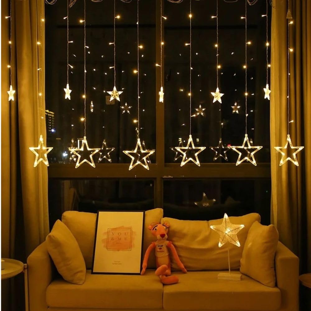 KHIZAR 6+6 Star Curtain Led Light Christmas Decoration Festival Occassional Diwali Ramadan Ganpati New Year Party Decor Led Lightings (Warm White)