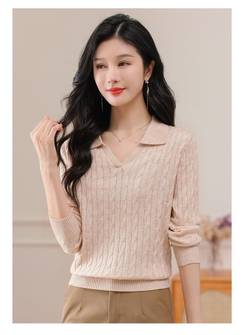 Maglioni da Donna con Scollo a V, Maglione Lavorato a trecce, Pullover Casual Elegante, Top Autunno Inverno alla Moda(Beige,M)
