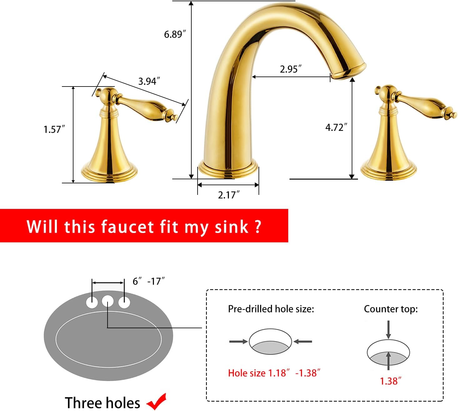 SaniteModar Polished Gold Bathroom Sink Faucet,Brass Bathroom Faucet 3 Hole,Widespread Bathroom Faucet for Sink 3 Hole,2 Handles Design with Water Supply Lines