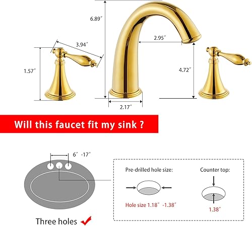 Vista 2 de SaniteModar Grifo de lavabo de baño de oro pulido, grifo de baño de latón de 3 agujeros, grifo de baño generalizado para fregadero de 3 agujeros