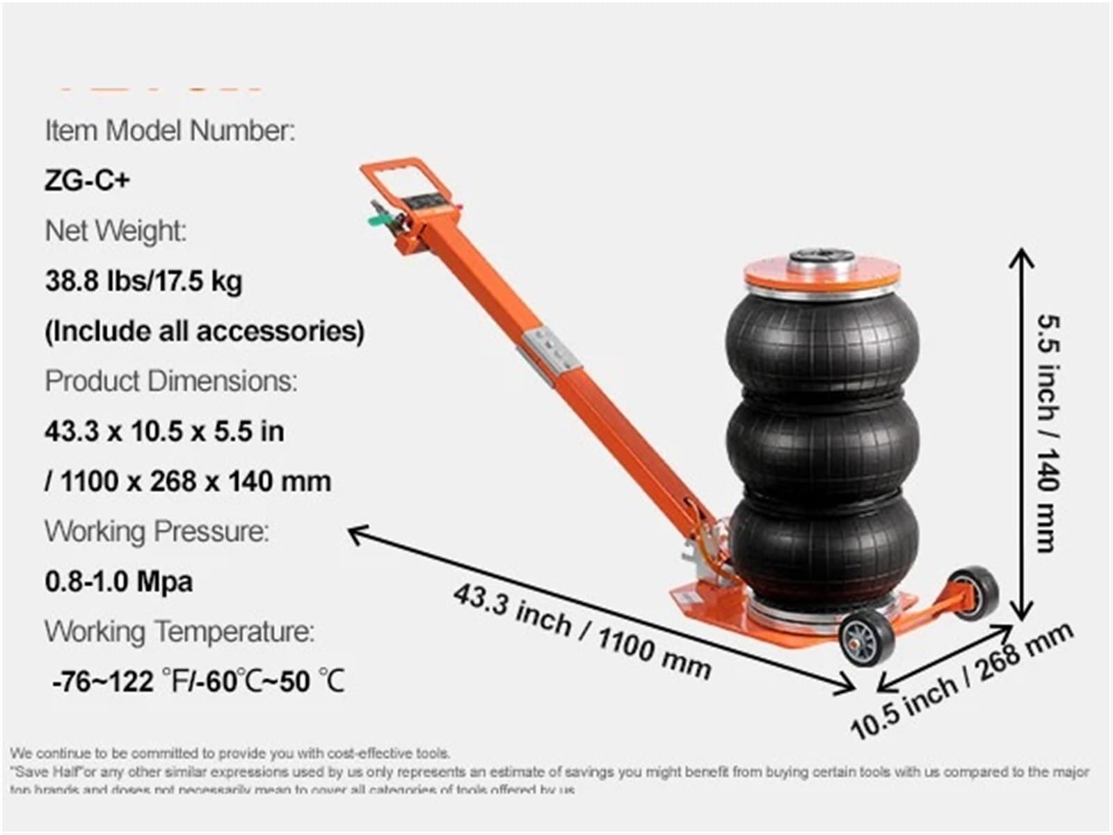 Air Jack 3/5 Mango Ajustable Almohadilla de Goma Gruesa | Gato de elevación neumático de tonelada con columna elevada(3T)