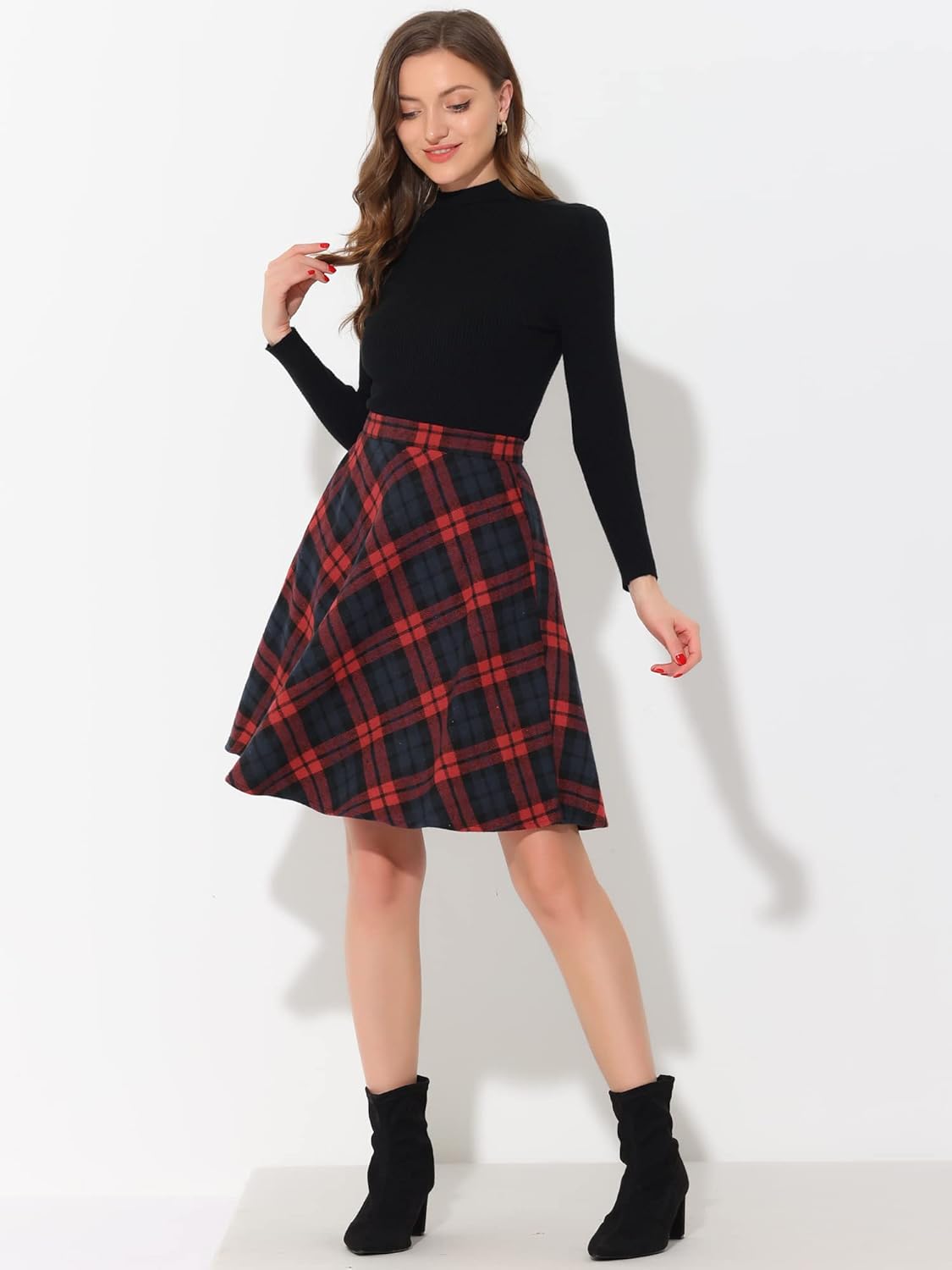 Allegra K Women's Plaids Vintage Tartan Elastic Waist Knee Length A-Line Skirt - Image 3