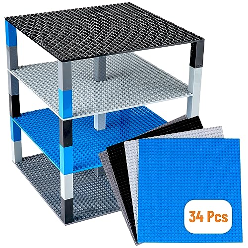 Strictly Briks Large Classic Stackable Baseplates, Building Bricks for Towers, Shelves, and More, 100% Compatible with All Major Brands, Black, Blue & Gray, 4 Base Plates & 30 Stackers, 10x10 Inches