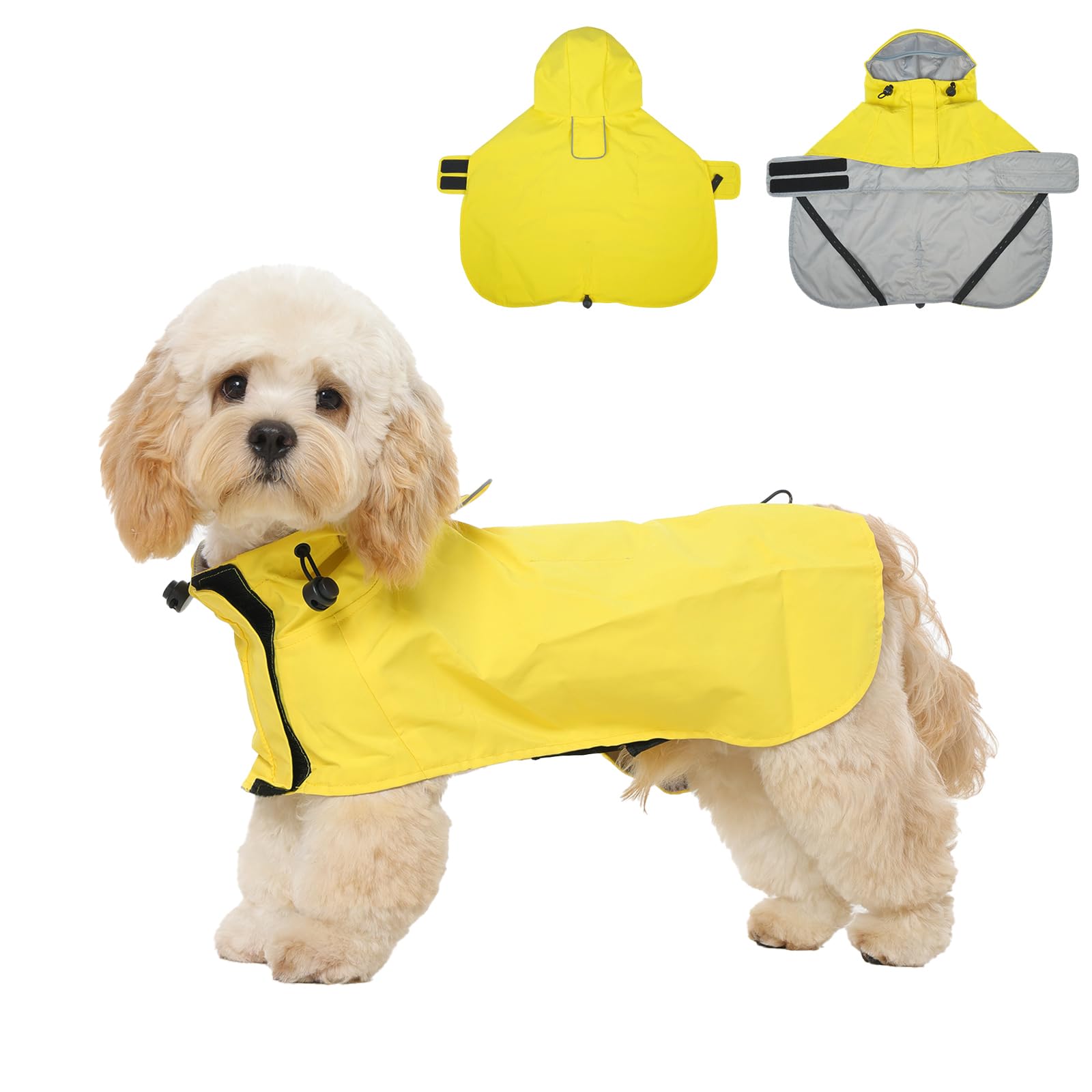 Hjyokuso Dog Coats Waterproof M, Lightweight Dog Raincoat with Hood, Reflective Jacket with Leash Hole & Leg Straps