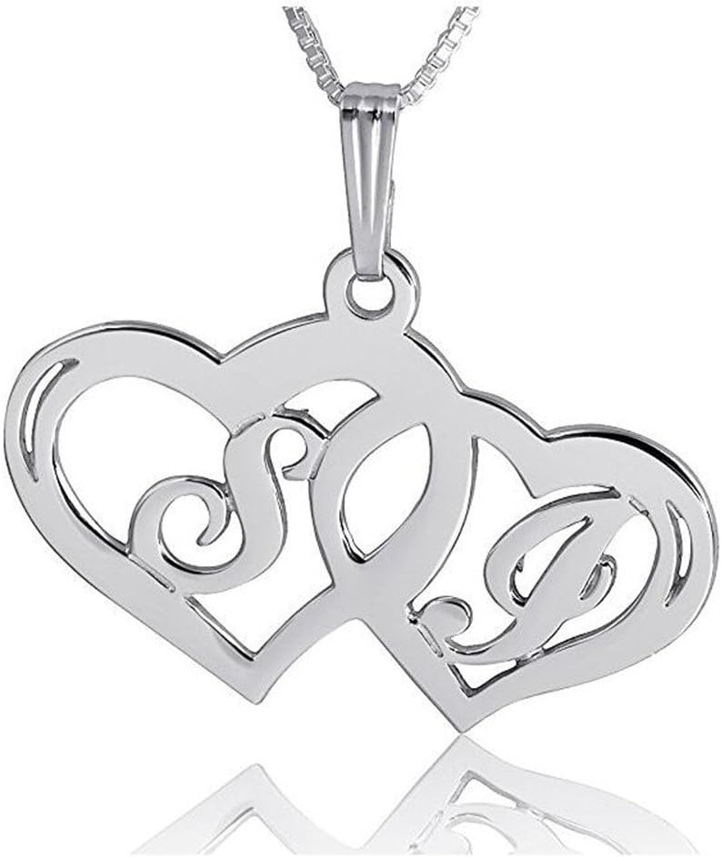925 Sterling Silver Personalised Double Lover Heart Necklace Custom with Any Initial for Couples