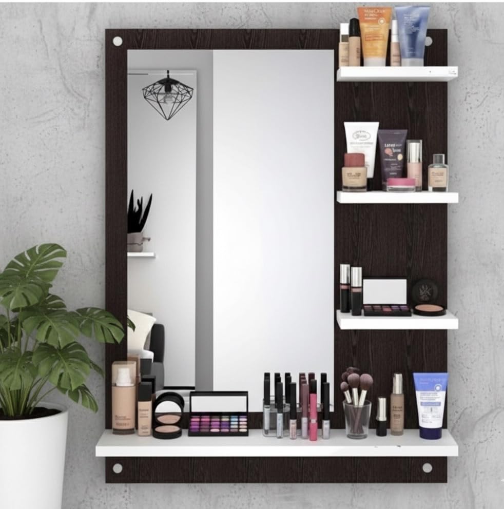 Regal Furniture Wall Mounted Dressing Mirror with 4 Storage Shelves, Dark Brown Wooden Finish, Makeup Organiser-picture-17
