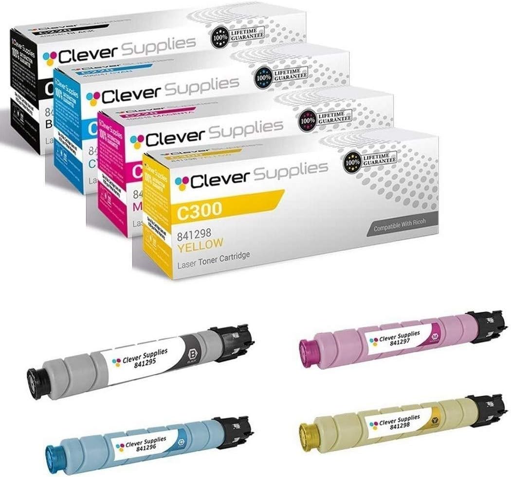 CS Compatible Toner Cartridge Replacement for Ricoh C300 841295 Black 841296 Cyan 841297 Magenta 841298 Yellow Color Laser Aficio MP C300 Aficio MP C300SR Aficio MP C400 Aficio MP C400SR 4 Color Set