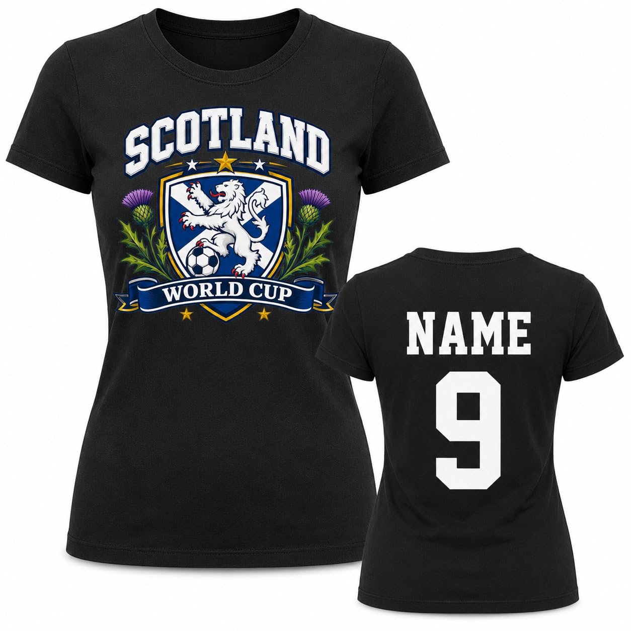 Women’s Personalised Scotland Saltire Thistle World Cup T Shirt Custom Name Number Ladies Football Fan Tee (UK, Alpha, L, Regular, Regular, Black)