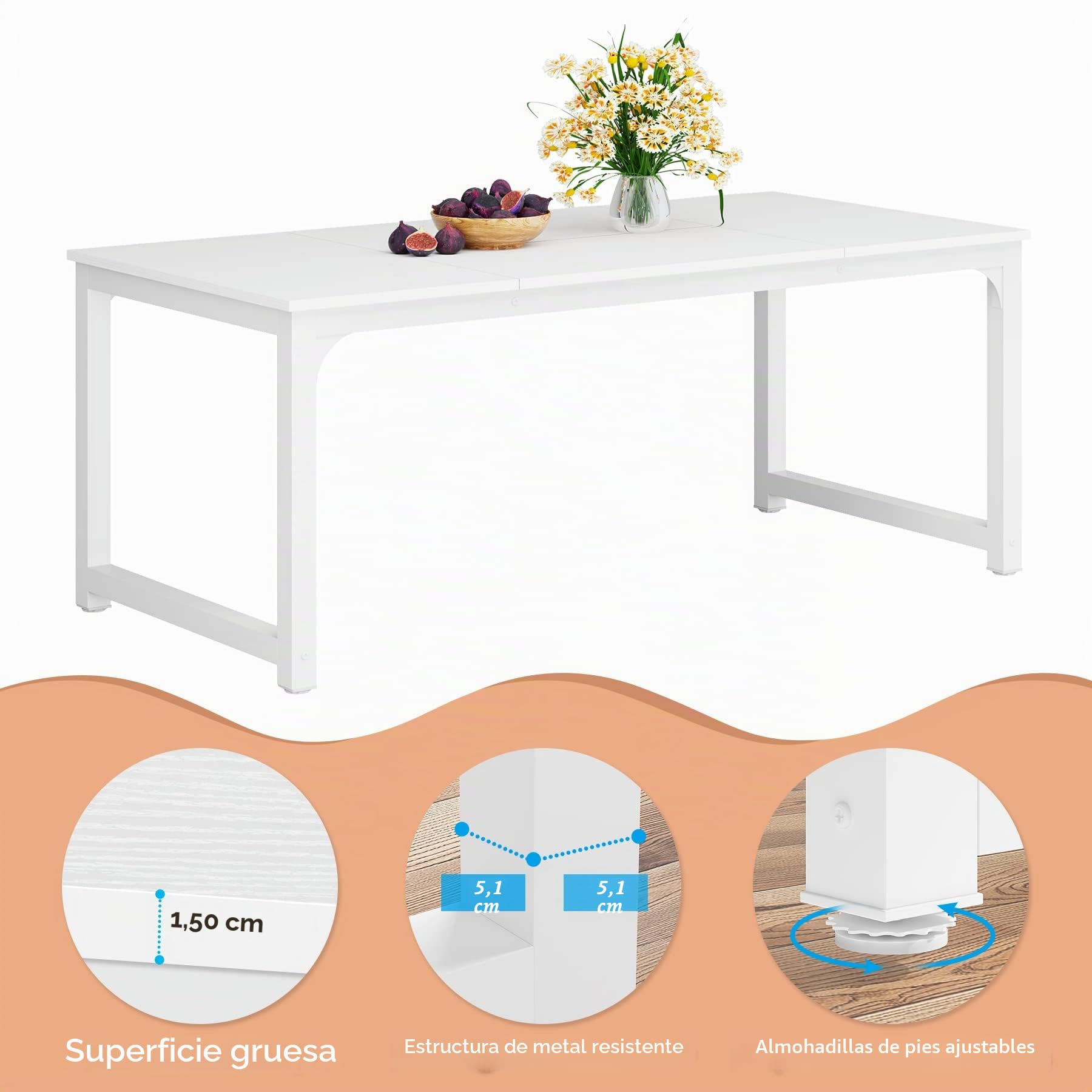 Tribesigns Mesa de comedor de 160 x 80 cm, mesa de cocina industrial rectangular para 4-8 personas, robusta mesa de comedor con patas de metal, para cocina, comedor, salón (blanco, 180 x 80 x 75 cm)