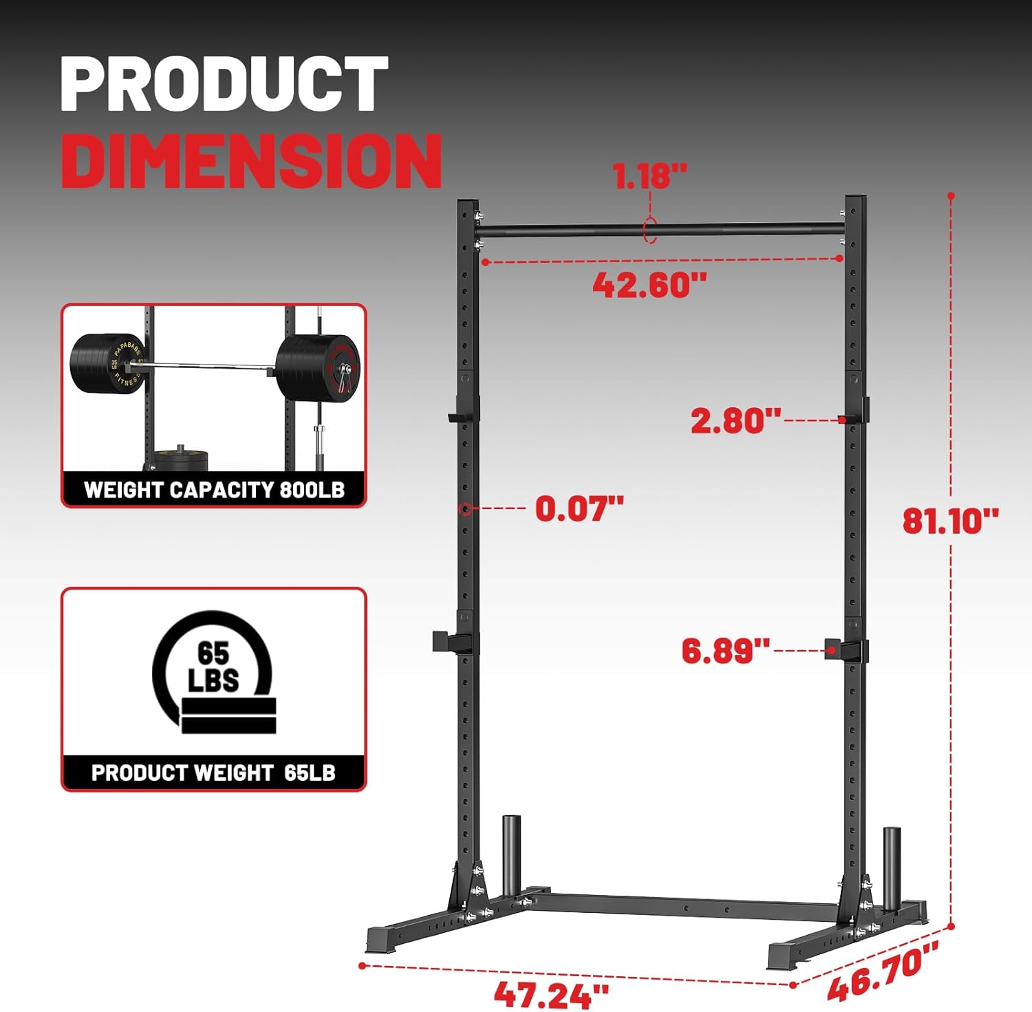 papababe Squat Rack with Pull Up Bar for Home Gym, Adjustable Power Cage with J-Hooks, 800LB Capacity Multi-Functional Bench Press Power Rack for 6FT, 7FT Barbell, Weight Lifting Rack