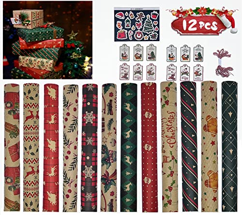 Ensemble De Papier D'Emballage De Noël,12 Feuilles de Papier Cadeau Kraft + 12 pcs Etiquettes Cadeaux Autocollants Et Rubans pour Cadeau de Noël Fête, 12 Modèles, 70 x 50CM Cover