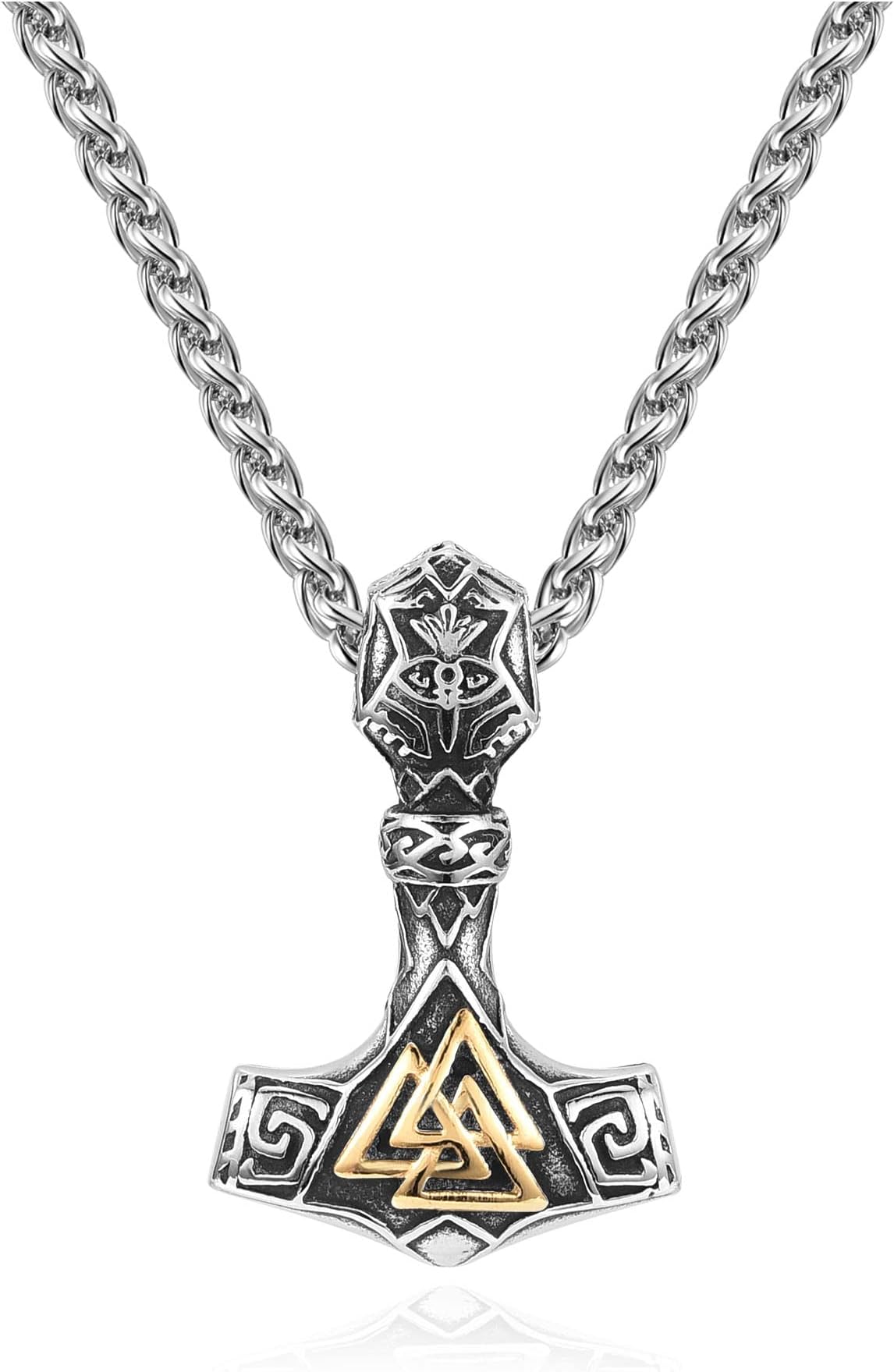 AllerPierceNordic Viking Necklace Stainless Steel Thor Mjolnir Odin Raven Valknut Vegvisir Pendant Necklace Norse Viking Thor Hammer Amulet Jewellery for Men Women Gifts