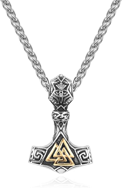 AllerPierce Nordic Viking Necklace Stainless Steel Thor Mjolnir Odin Raven Valknut Vegvisir Pendant Necklace Norse Viking Thor Hammer Amulet Jewellery for Men Women Gifts