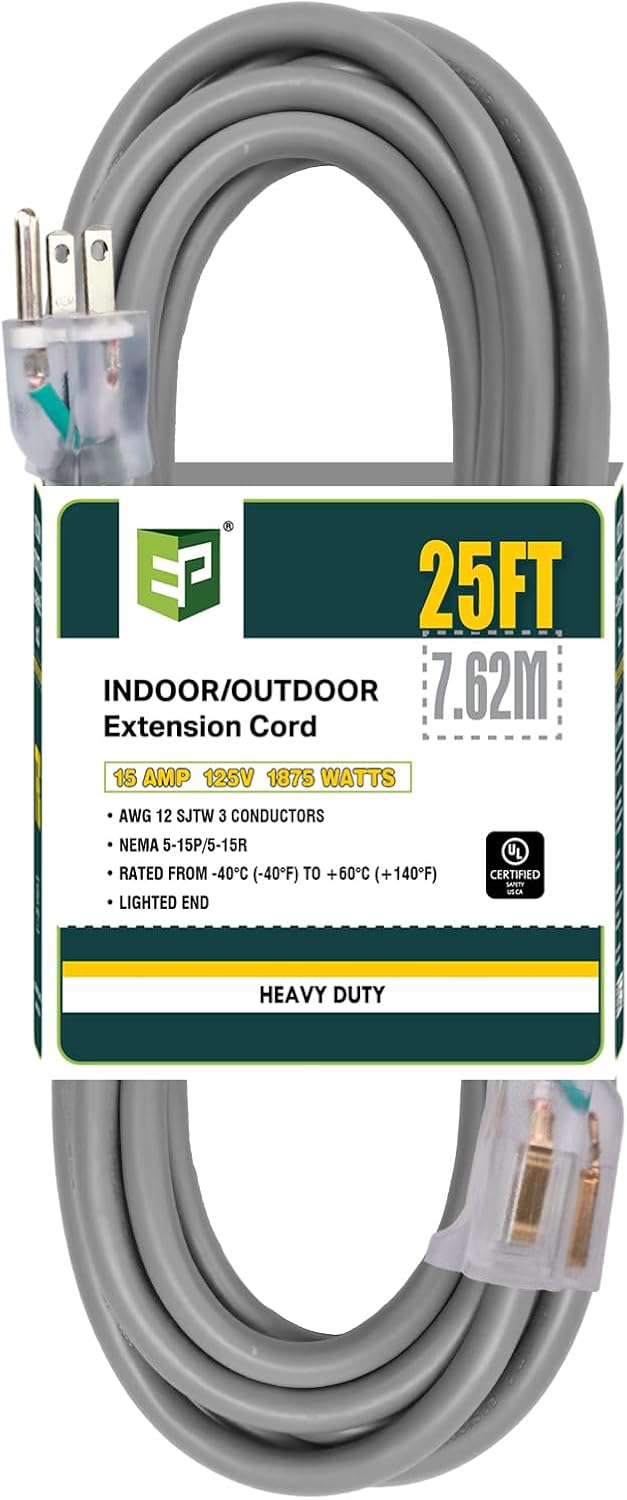 EP 25 Ft Lighted Outdoor Extension Cord - 12/3 SJTW Heavy Duty Grey Extension Cable with 3 Prong Grounded Plug - Power Cord for Lawn, Garden, Appliances 25ft Grey