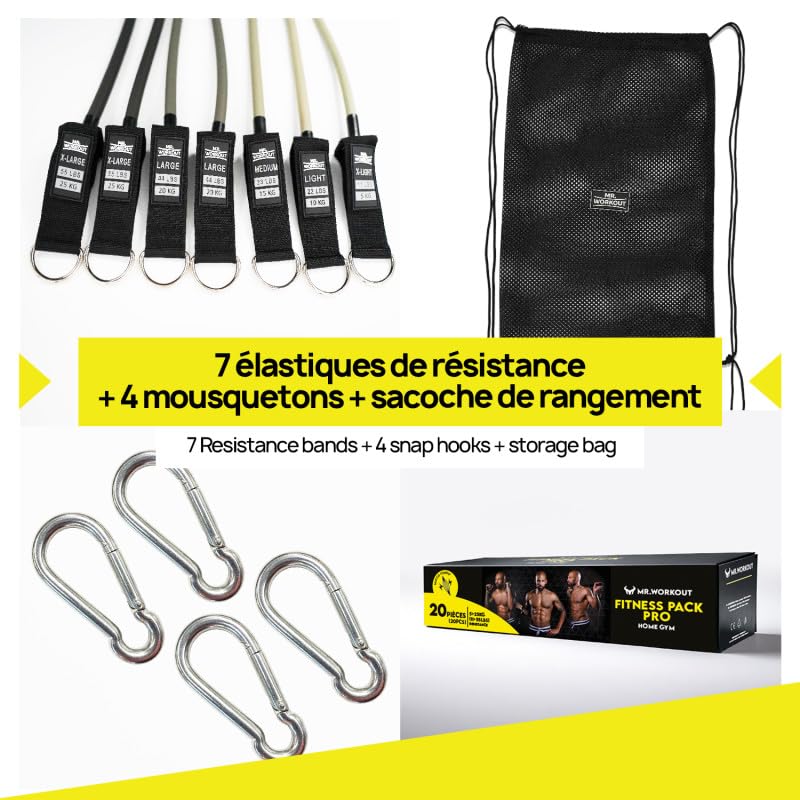 Mr.WORKOUT KIT Fitness 7 Bandes Résistance, Poignées, Sangles, Ancrages, Sac Transport + Vidéos Exercices – Renforcement Musculaire, Mobilité, Rééducation - Entraînement Maison, Outdoor - 2 Modèles