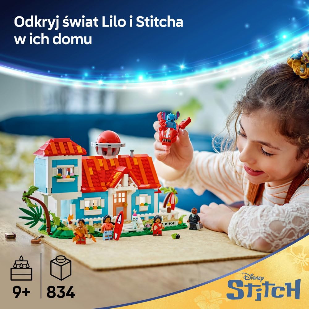 LEGO ǀ Disney Domek na plaży Lilo i Stitcha, Zabawka Konstrukcyjna dla Dziecka, dla 9-latka i Starszych Fanów Disneya, Prezent dla Dziewczynki i Chłopca, Zestaw z Filmu z 5 Minifigurkami 43268