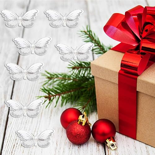 Vista 5 de Firlar Adorno de mariposa con purpurina de Navidad, 24 piezas de clip de mariposa para árbol de Navidad, coronas, fiestas, decoración de boda