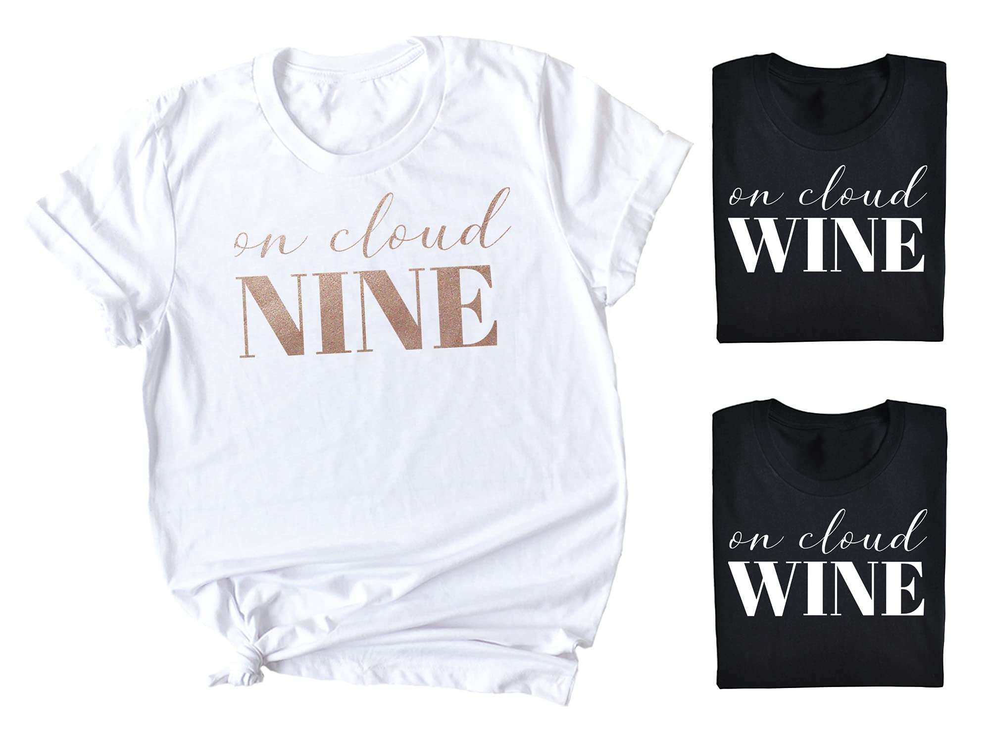 PATYZWine Bachelorette Party Shirts, On Cloud Wine and On Cloud Nine Shirts For Bride and Bridesmaids in Gold Foil, Rose Gold and Silver Foil Graphics