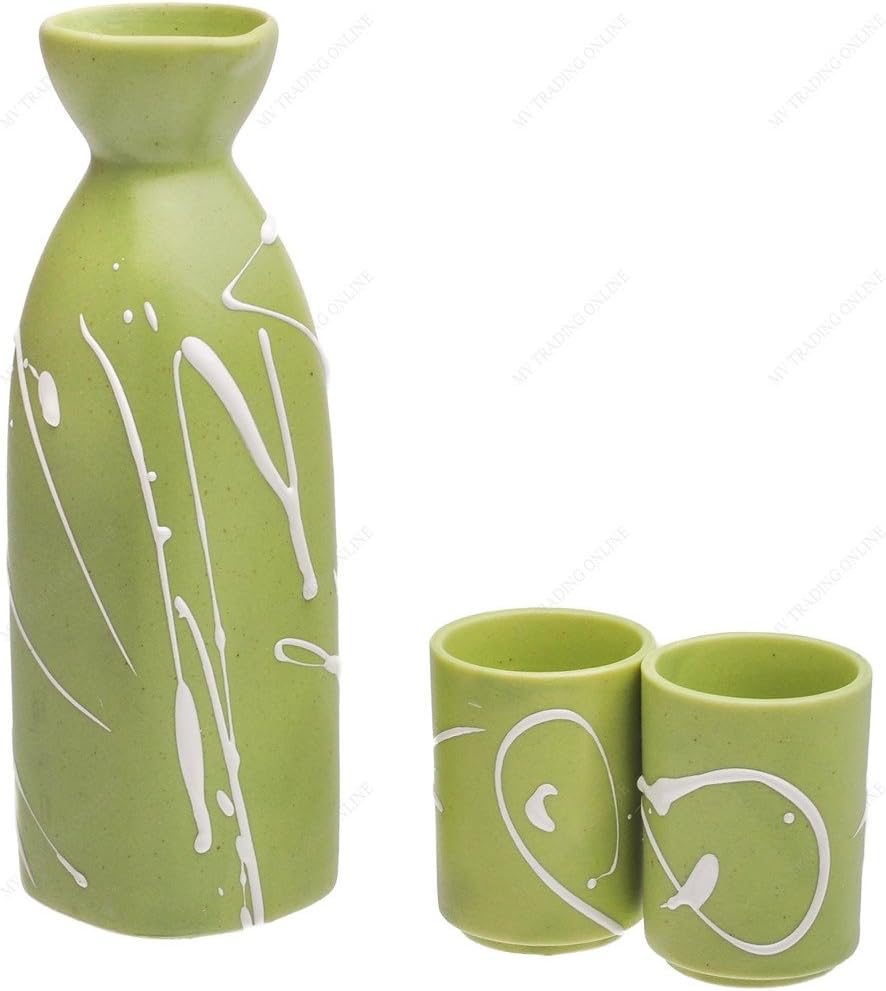 Japanese Green Porcelain Sake Set with White Paint Stroke