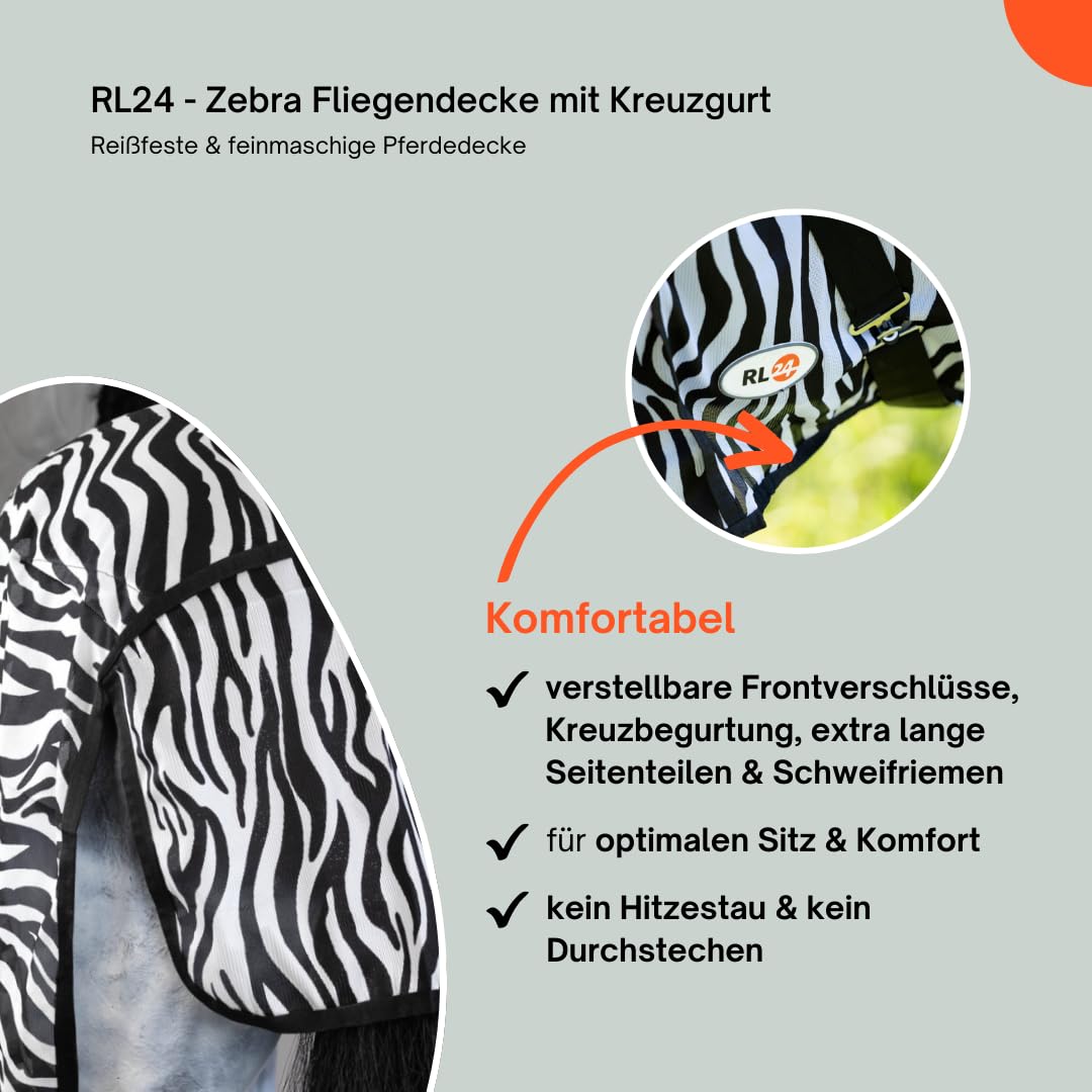 Zebra Fliegendecke mit Kreuzgurt – reißfeste & feinmaschige Pferdedecke – Weidedecke – 145 cm