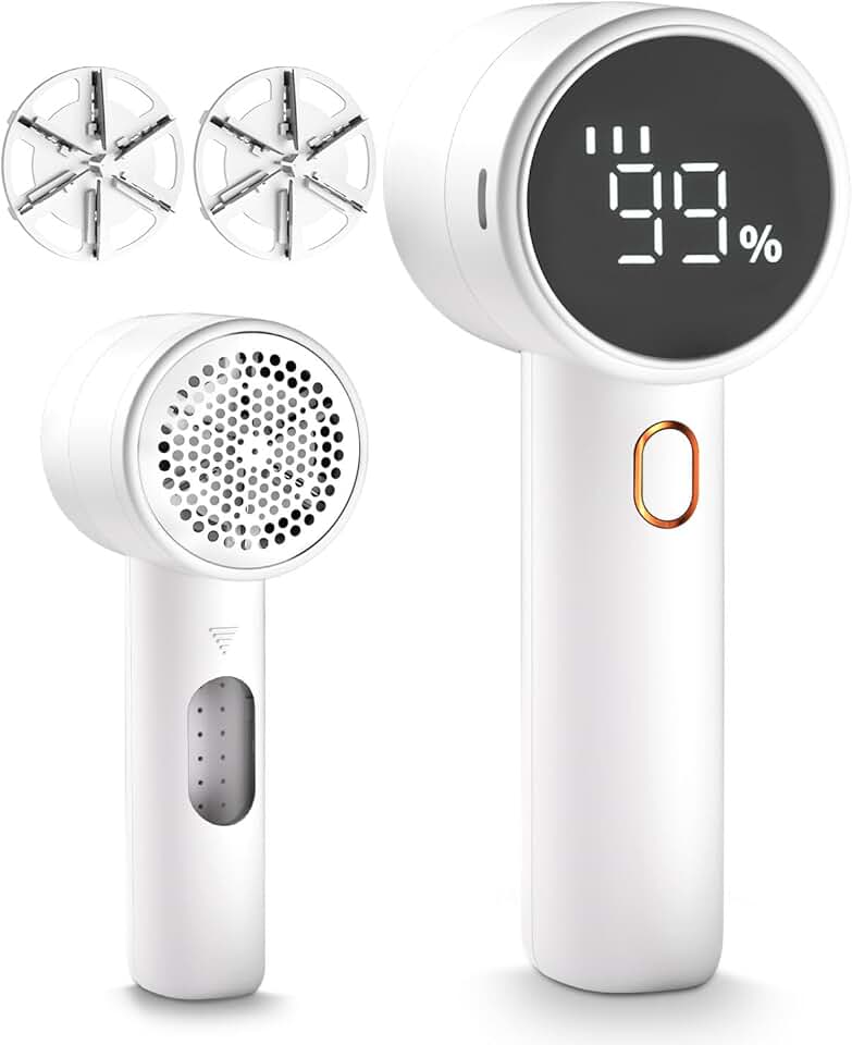 Fabric Shaver, Lint Remover Rechargeable, Electric Portable Sweater Defuzzer with 3 Speeds, 6 Leaf Blades, Digital LED Display to 