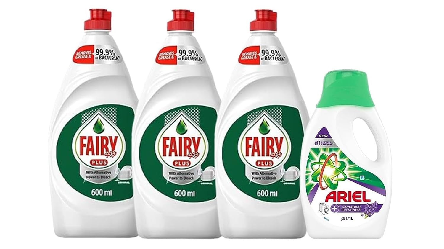 Fairy Plus Original Dishwashing Liquid Soap With Alternative Power To Bleach, 3 X 600 Ml + (FREE) Ariel Lavender Laundry Detergent Liquid Gel 1L