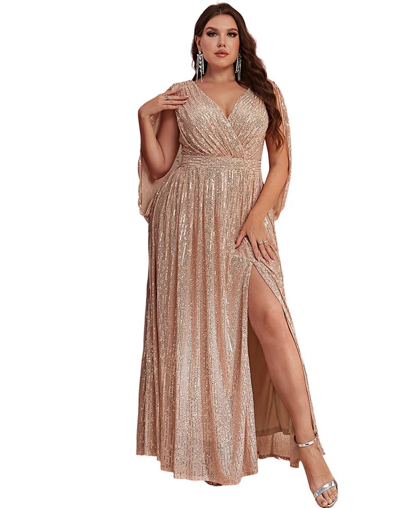 Women's Plus Size Flare Sleeve V Neck Side Split Sequin Formal Prom Dress