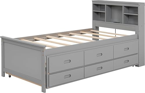 Miniatura 20 de Merax Cama de plataforma de madera tamaño individual con cama nido, no requiere somier, gris Gris,Espresso,Blanco