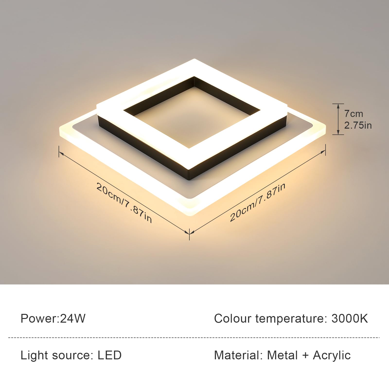 Plafon LED Techo, 24W 2700LM Moderna Cuadrada Plafón Luz Led, Lámpara de Techo Acrílico Negro para Salón Dormitorio Cocina Pasillo Oficina, Blanco Cálido 3000K, 20CM