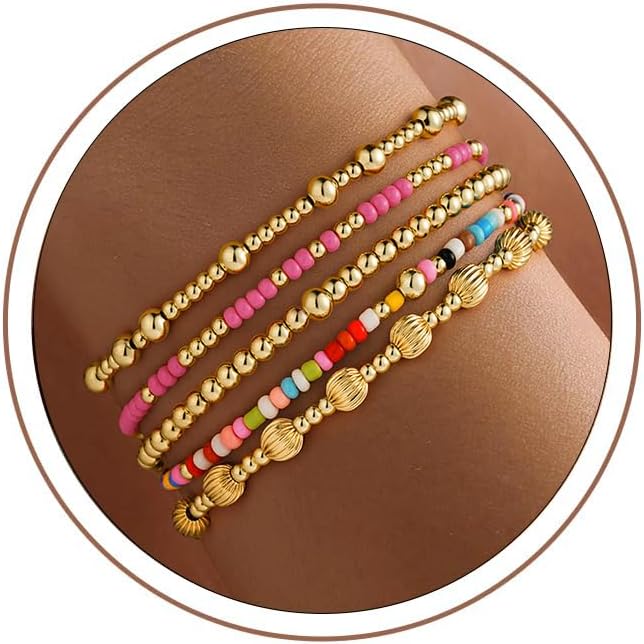 5PCS Gold Beaded Bracelets for Women Teen Girls, 14K Gold Plated | Stacked Beads Bracelet Set, Turquoise Cross Pearl Charm, Waterproof, 7 Inch Stretch Elastic, Bracelet for Women Teenage Girls