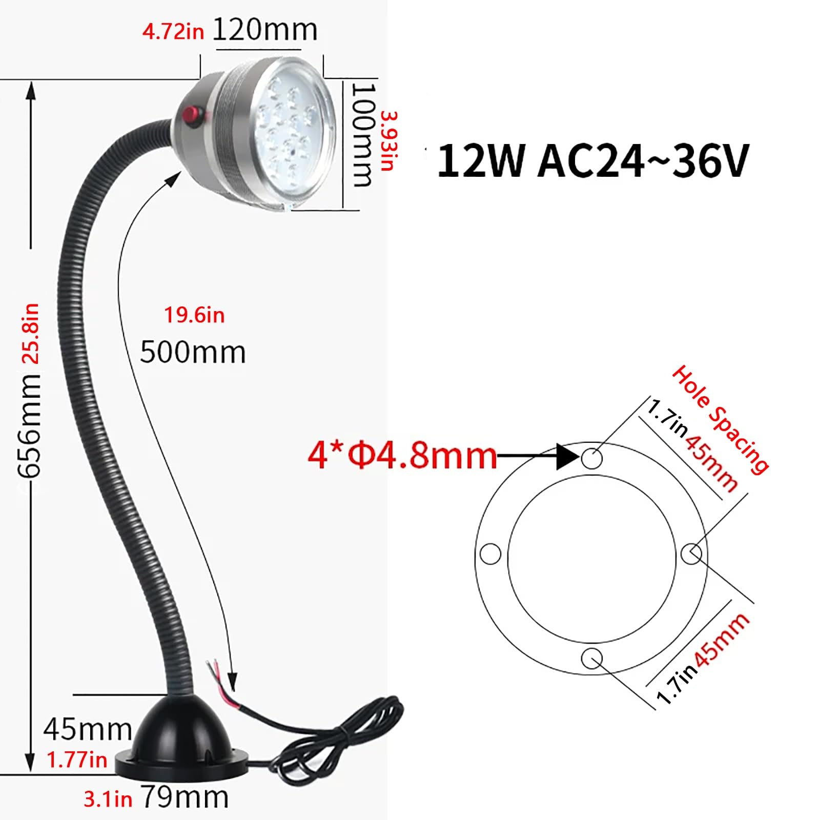 Wasserdichte Arbeitsleuchte Nach IP68, Flexible Industrielle Schwanenhals-Werkbankleuchte, Halterung aus Aluminiumlegierung, für Drehmaschinen, Bohrmaschinen(12W 24~36V)