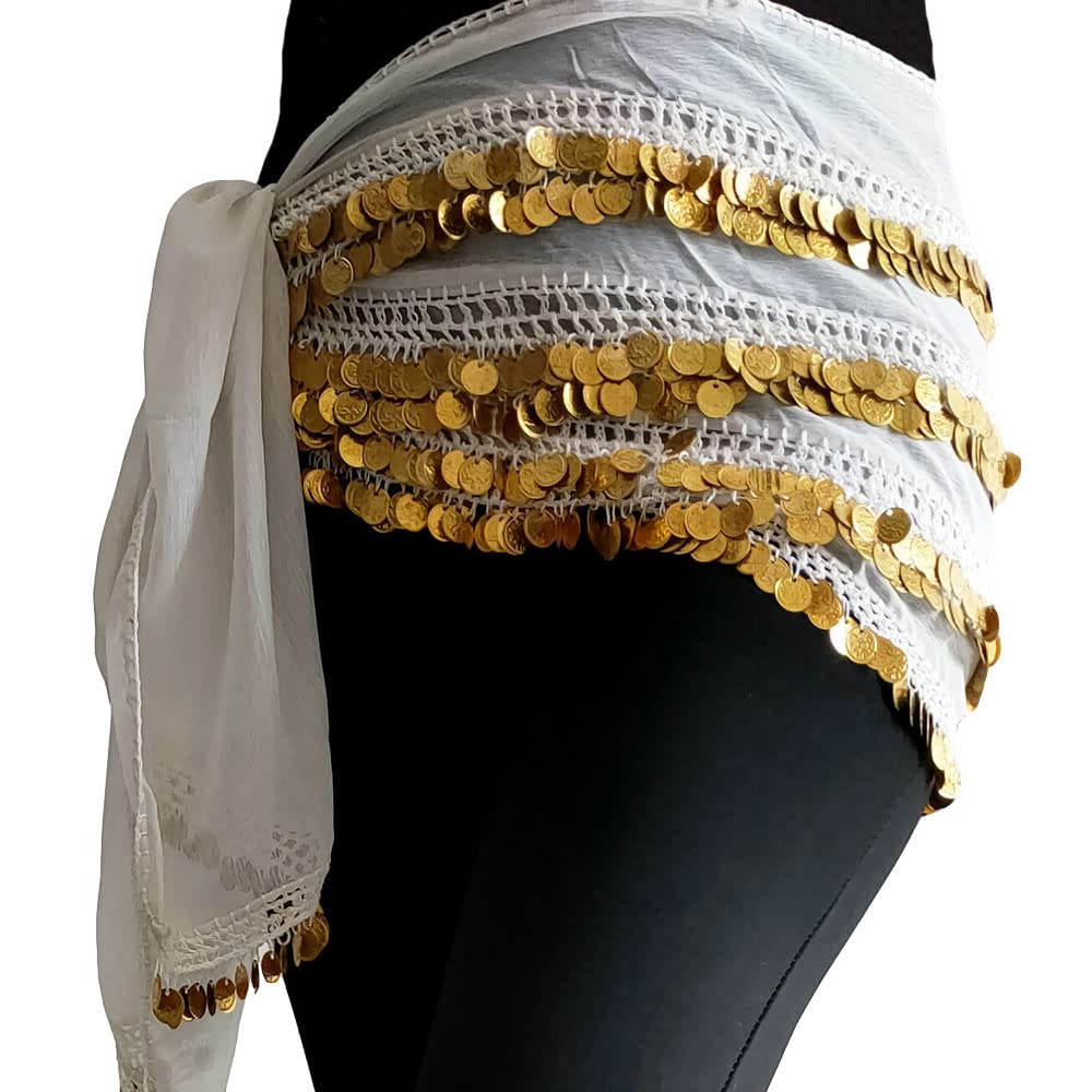 Foulard rectangulaire égyptien fait main blanc doré orné de véritables pièces pour danse du ventre