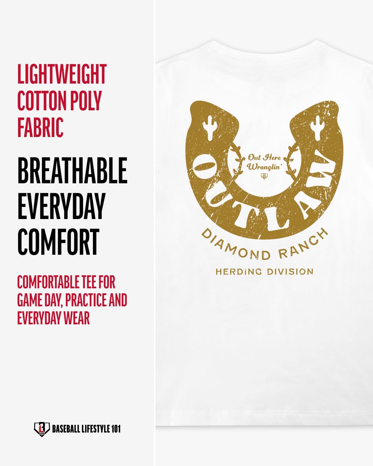 Baseball Lifestyle 101 Boy's Outlaw Wranglin T-Shirt, Short Sleeve, Crew Neck, Youth Sizes S-XL