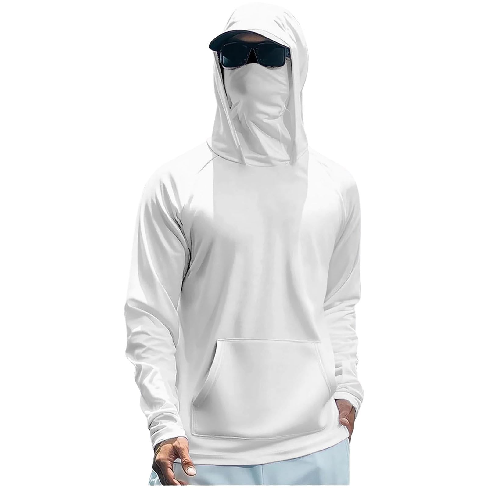 Men's Sun Protection Hoodie with Face Mask Quick Dry Fishing Shirt Lightweight UPF 50+ UV Hoodie Long Sleeve Rash Vest for Hiking Running Outdoor, White, M