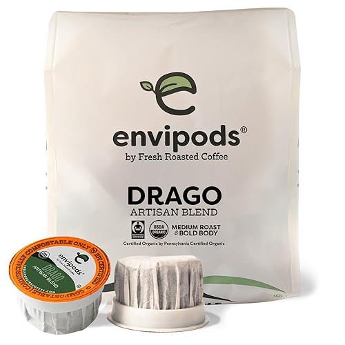 Fresh Roasted Coffee, Comercio Justo Orgánico Drago Envípodes compostables, tostado medio, Kosher 12 unidades para cafeteras Keurig K Cup No para