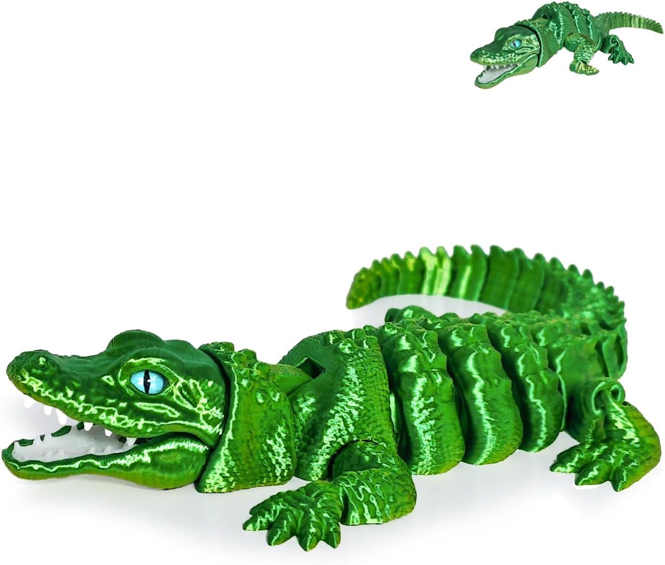 3D Printed Articulated Crocodile - Opening Mouth and Glass Eyes - Flexible Joint Animal Models - Surprise Gifts for Fidget Enthusiasts - Green