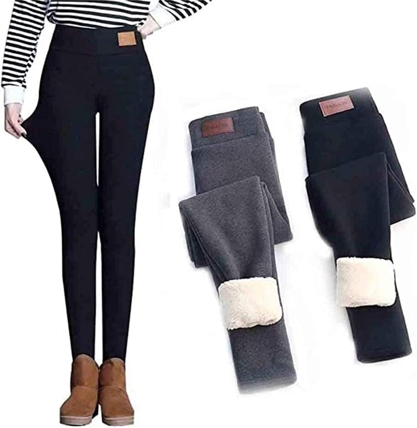 PoJu Super thick leggings made of cashmere wool, Women's Winter Warm Plush Elastic Slim pants with a high waist, solid Winter Warm Tight Thick Leggings (Color : Black, Size : Large)