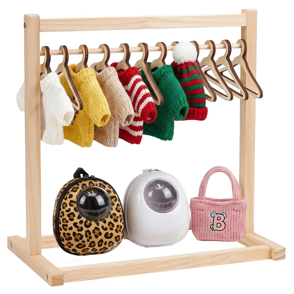 UNICRAFTALE 1set Miniature Wood Doll Clothes Racks Small PapayaWhip Closet Storage Rack with 12pcs Wooden Doll Clothes Hangers for Dollhouse Closet Pretending Prop Decorations 30x18x30cm
