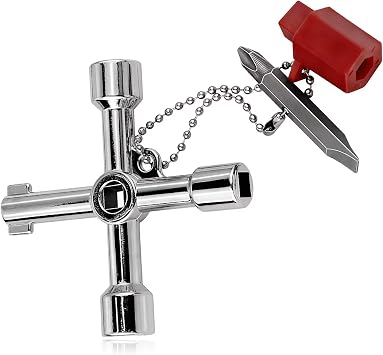 4 in 1 Universal Utilities Cross Water Key, 4 Way Multi-Functional Key with Bit, Zinc Alloy Plumber Electrical Tools for Water Meter Valve, Electrical Cupboard Box, Train Door and More
