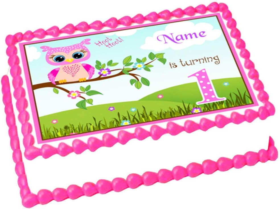 Owl Pink 1/4 sheet (10.5 x 8 in.) Edible cake topper image Birthday Party Decoration.