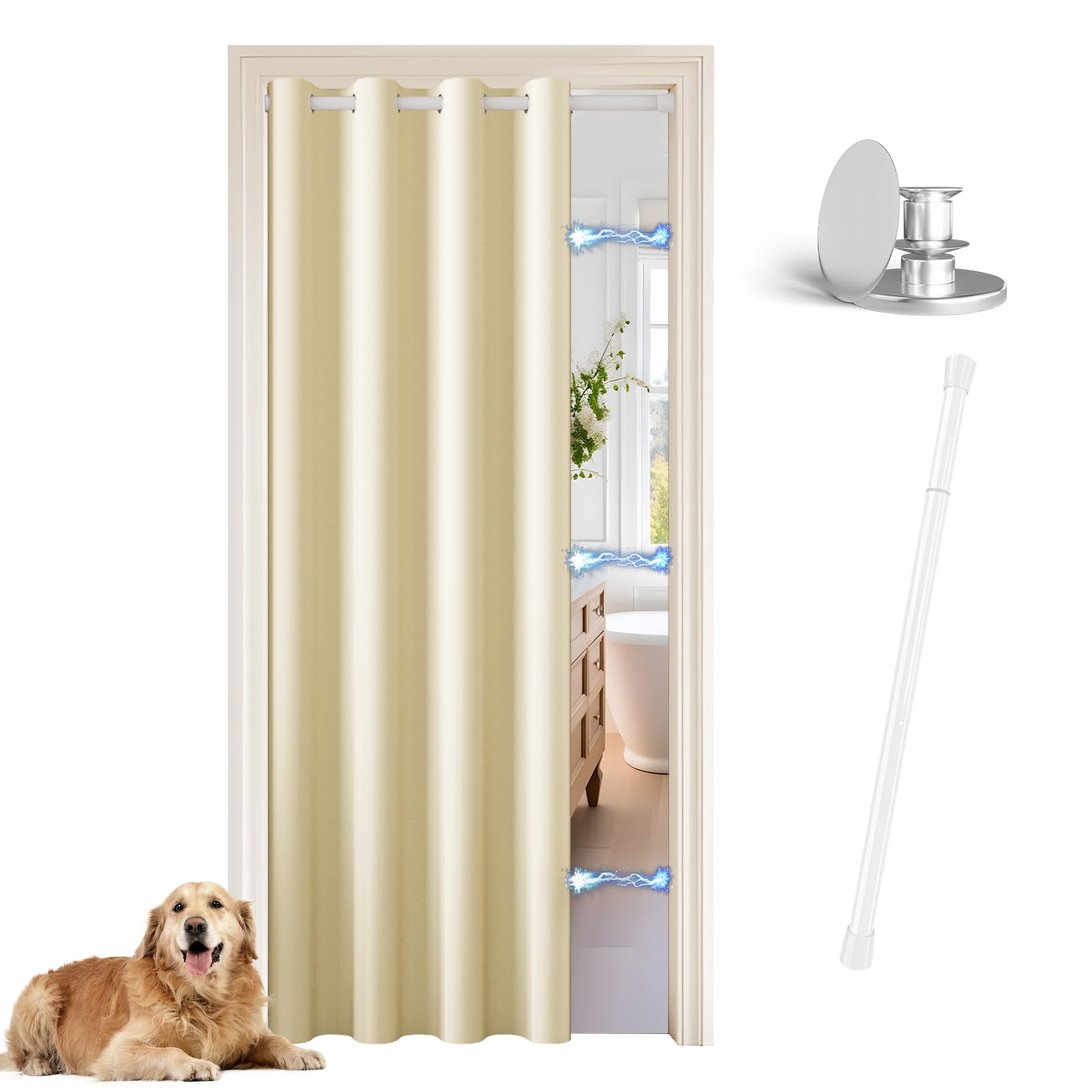 JCyh Cortina Puerta con Barra Extensible y Botón Magnético, Cortinas Termicas Aislantes Frio y Calor Ojales,1 Pieza Cortina Opacas para Salón, Cortina Cocina Puerta, Beige Claro